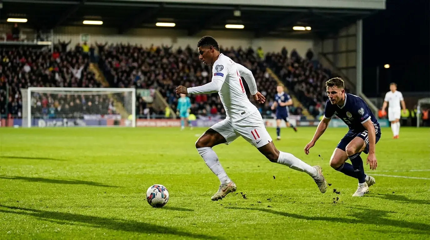 Action de jeu lors d'un match de football avec un attaquant en pleine course vers le but adverse sur une pelouse naturelle