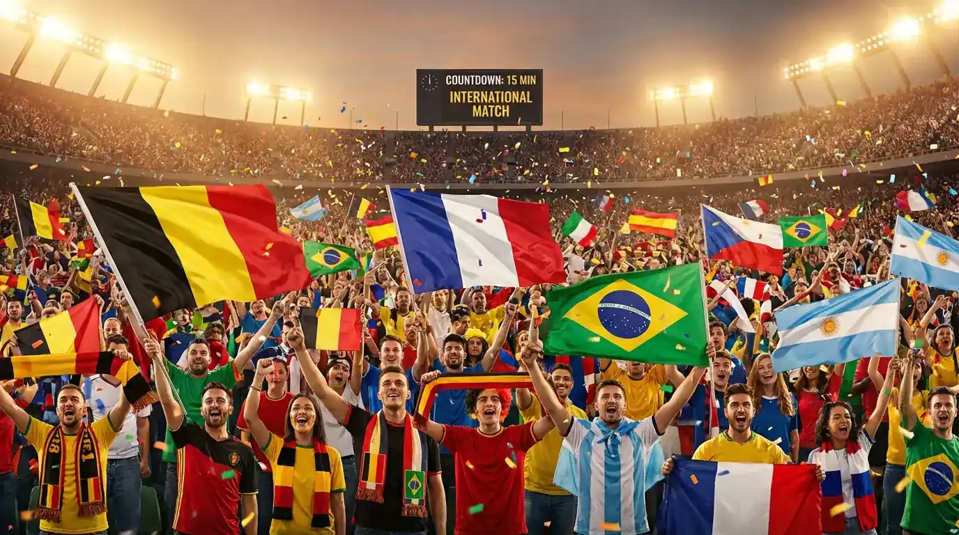 Tribunes d'un stade de football remplies de supporters agitant des drapeaux de différentes nations lors d'un match international