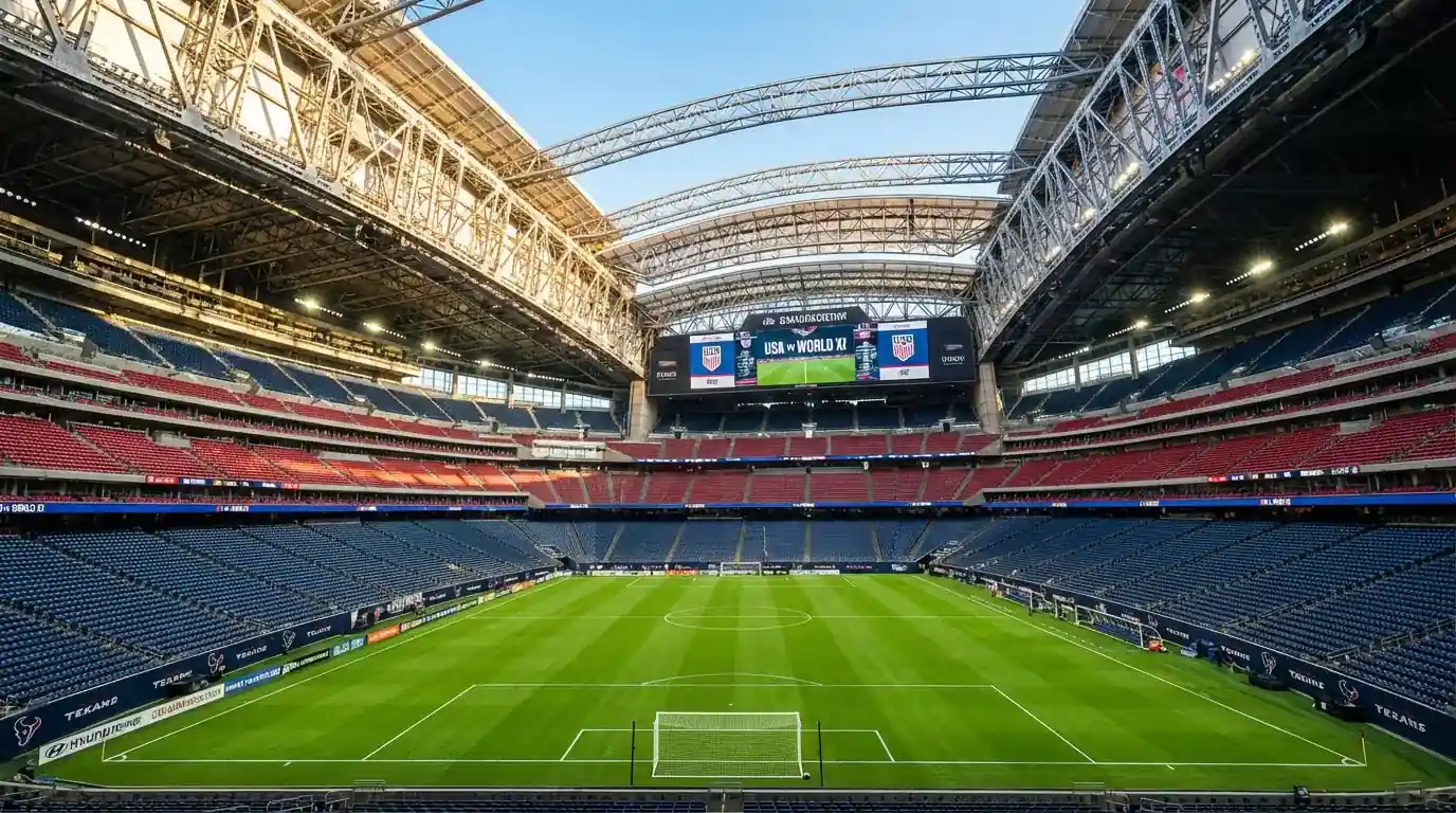 Stade de football américain préparé pour un match de la Coupe du Monde 2026 avec une pelouse impeccable et des tribunes vides sous un ciel bleu
