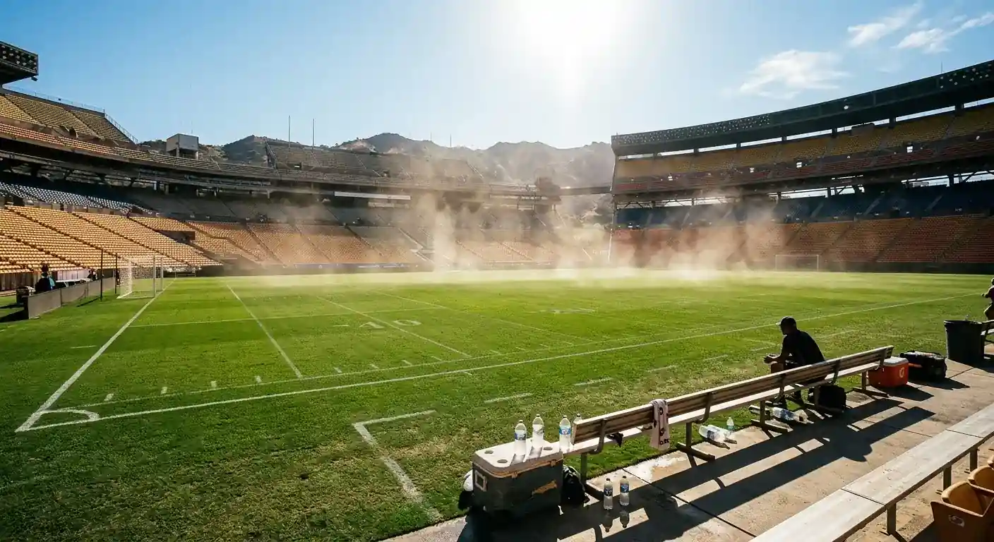 Stade de football en plein air sous un soleil de plomb, chaleur visible par les ondulations de l'air au-dessus de la pelouse