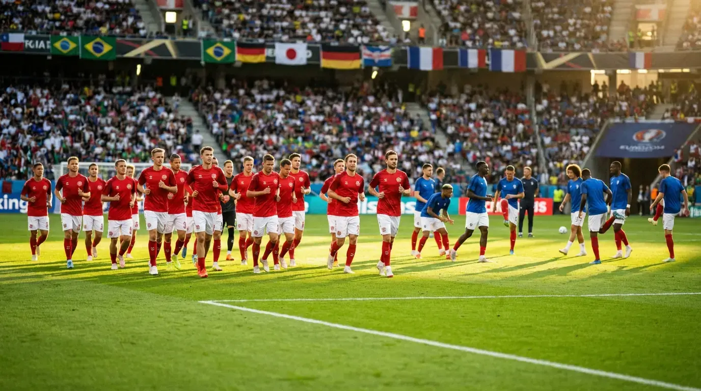 Joueurs de football en maillots rouges et bleus s'échauffant sur la pelouse d'un grand stade avant un match international