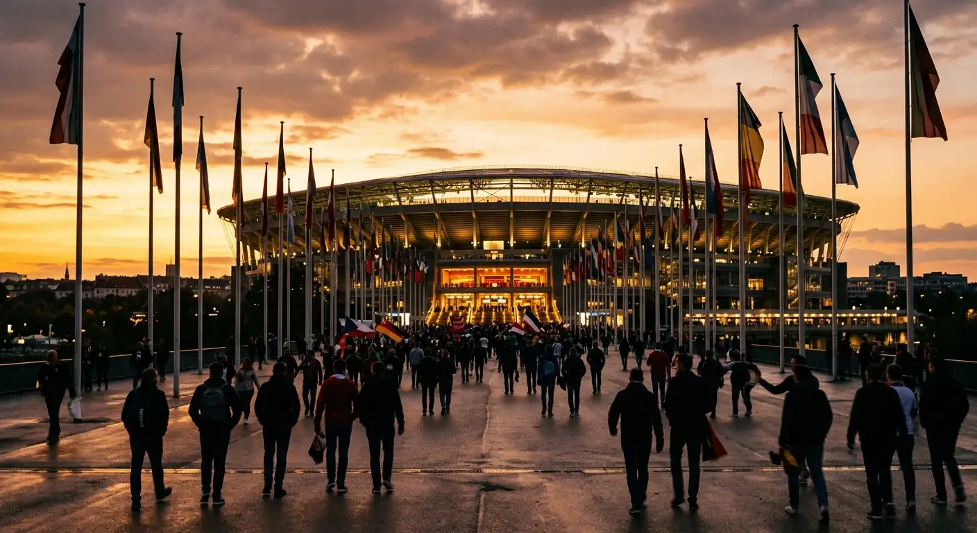 Grand stade de football vu de l'extérieur au crépuscule avec des drapeaux internationaux flottant au vent