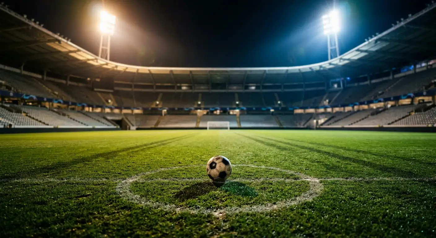 Stade de football illuminé la nuit, gros plan sur un ballon au centre du terrain avec des projecteurs en contre-jour