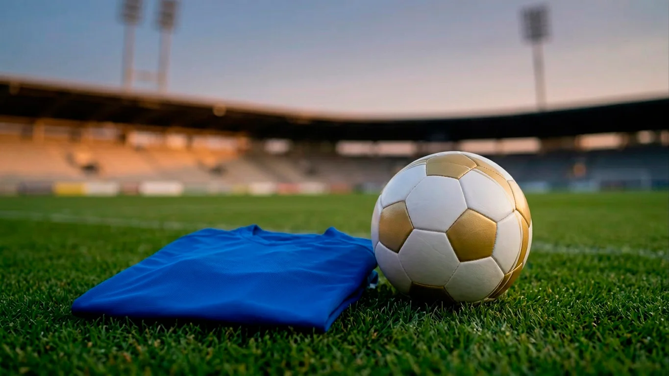 Maillot et ballon de football posés sur la pelouse d'un stade au crépuscule